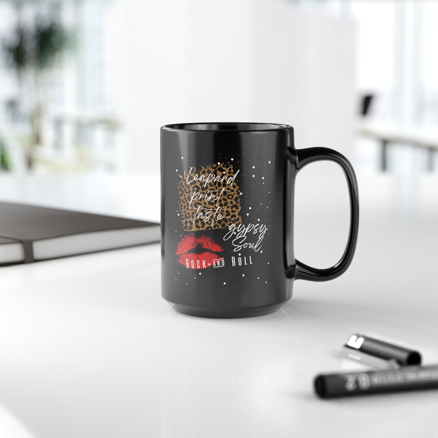 Leopard Print Taste Gypsy Soul Rock and Roll Black Rocker Mug (11oz, 15oz)