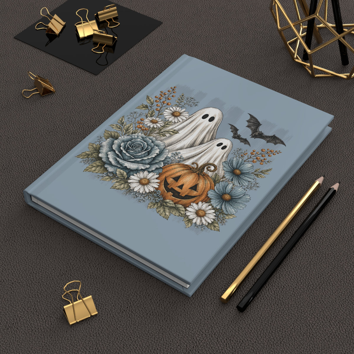Halloween Ghosts & Floral Hardcover Journal — Lined Pumpkin, Bats & Daisies Notebook