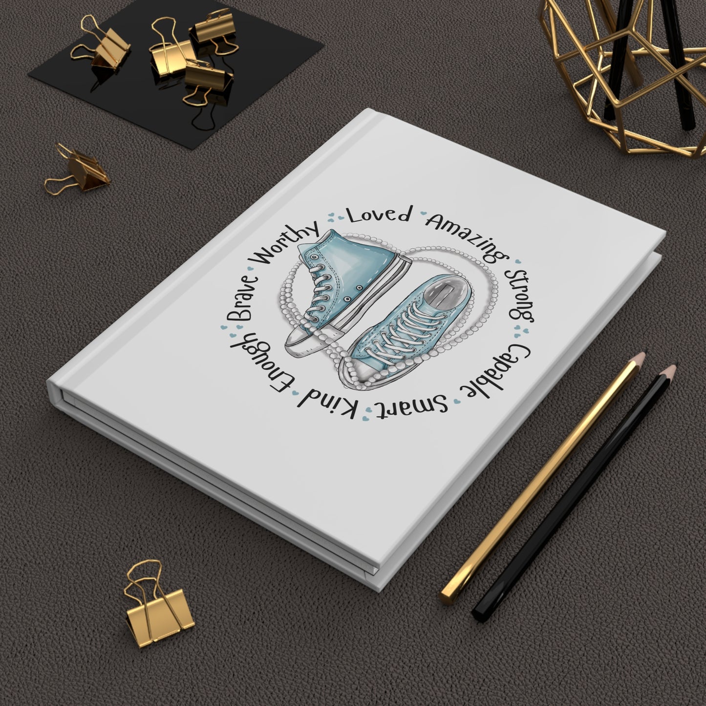 Baby blue Sneakers "Loved • Amazing • Strong" Hardcover Journal — Inspirational Notebook for Girls & Teens