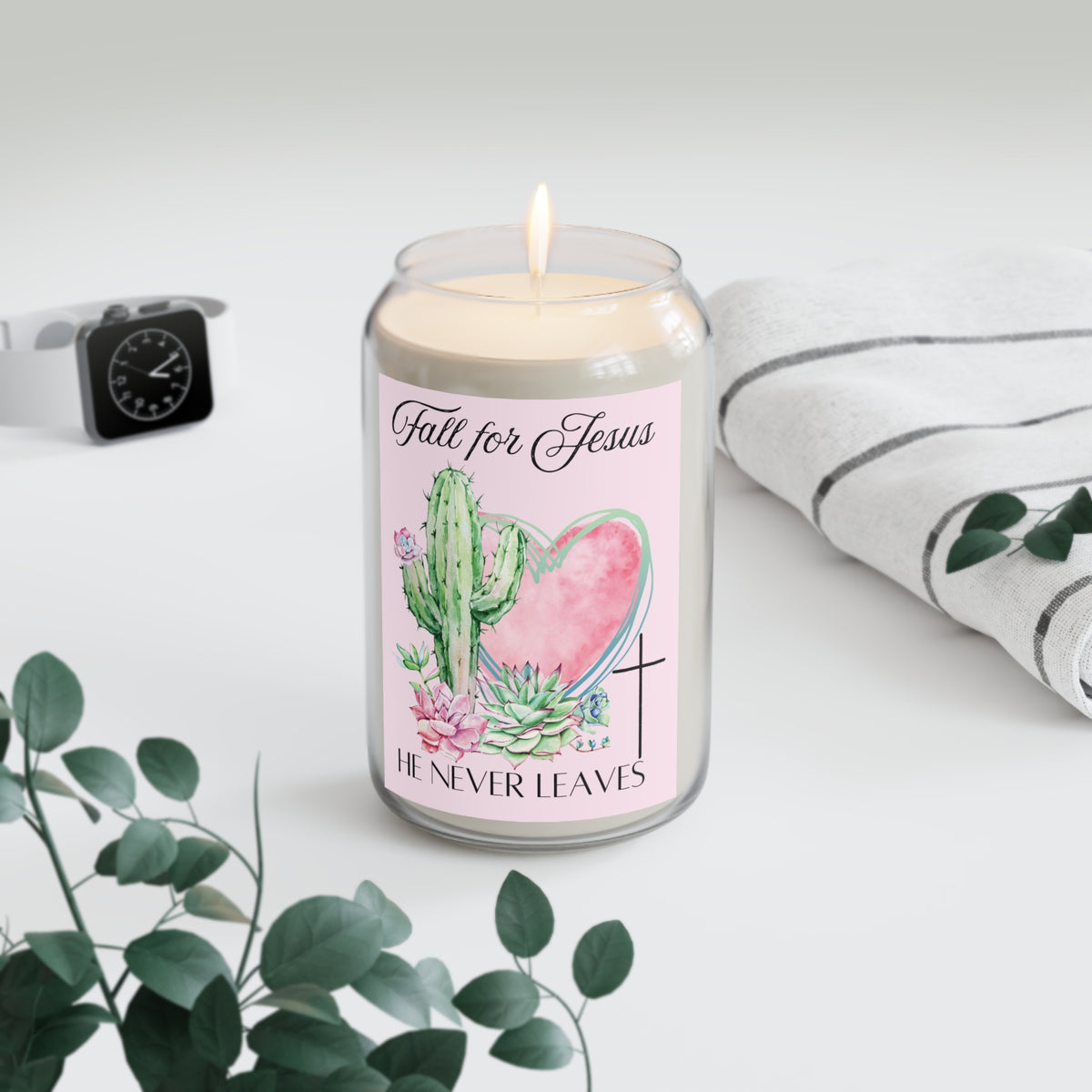 Soy Candle — "Fall for Jesus, He Never Leaves" Pink Succulent & Cactus Scented Candle (13.75 oz)