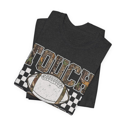 Touchdown Football Tee — Camo Lettering & Checkerboard Game Day Shirt