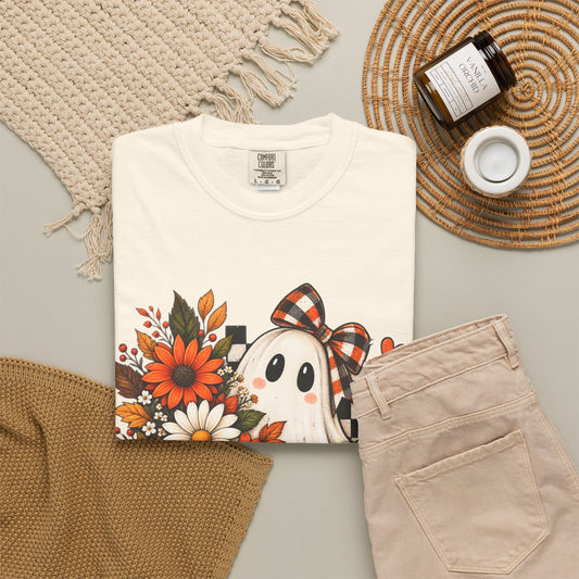 Halloween Ghost Tee — Cute Ghost with Pumpkins & Plaid Bow T-Shirt