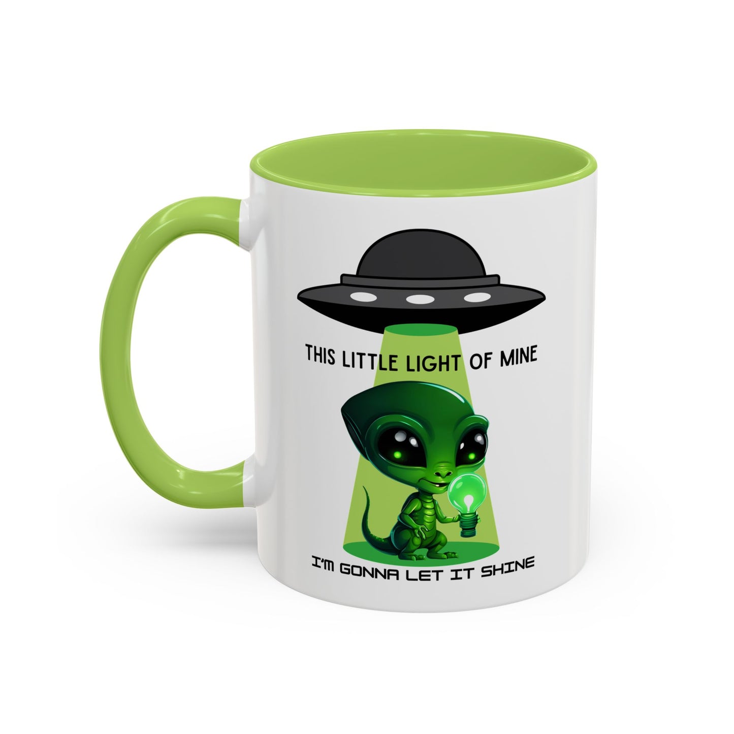 Alien UFO Coffee Mug — "This Little Light of Mine" Cute Green Alien Accent Mug (11/15oz)