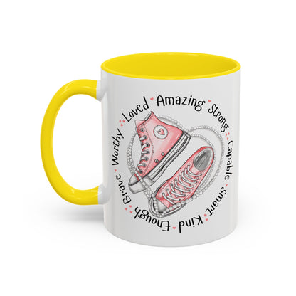 Inspirational Pink Sneakers Coffee Mug — "Loved • Amazing • Strong" Accent Mug 11 oz