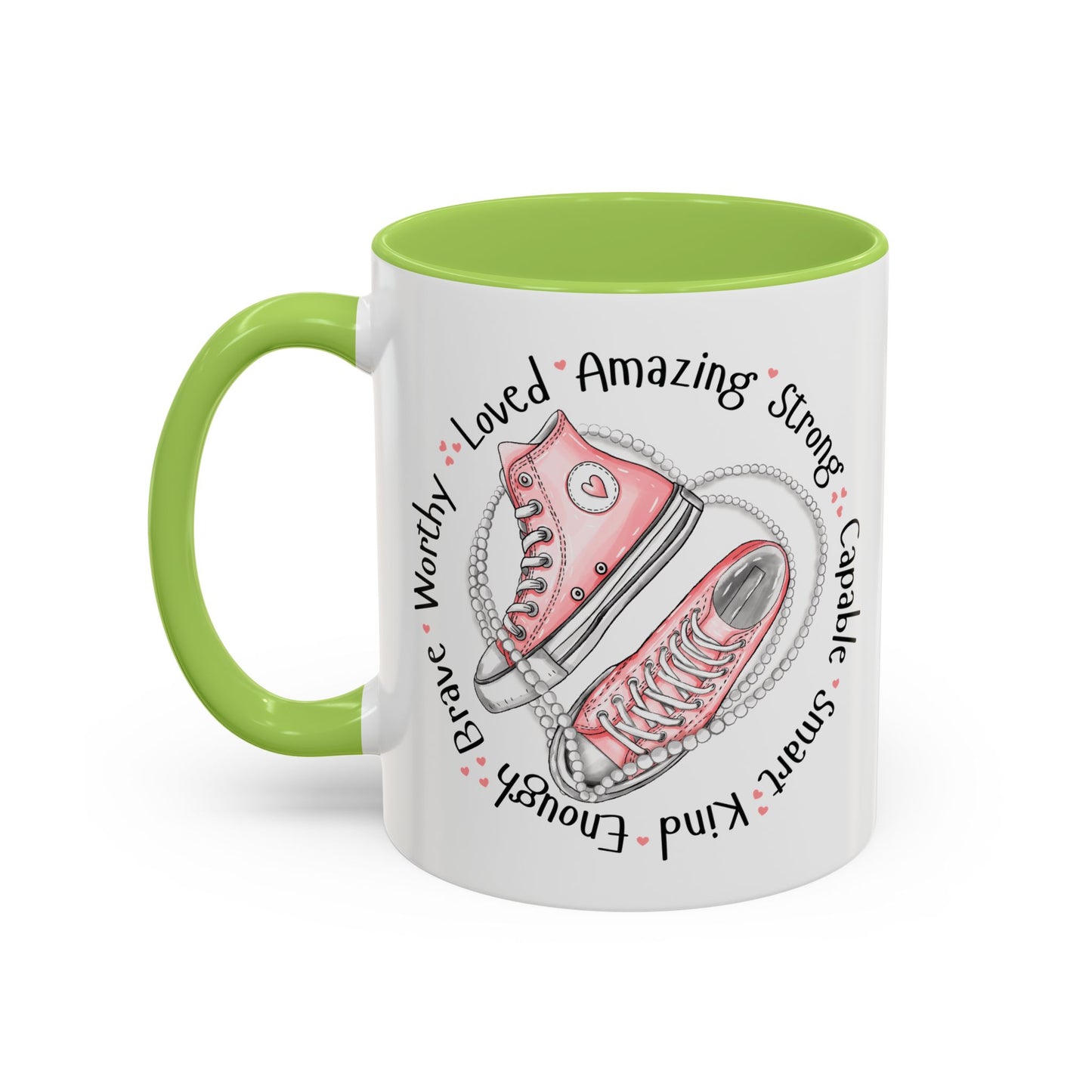 Inspirational Pink Sneakers Coffee Mug — "Loved • Amazing • Strong" Accent Mug 11 oz