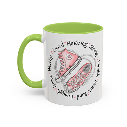 Inspirational Pink Sneakers Coffee Mug — "Loved • Amazing • Strong" Accent Mug 11 oz