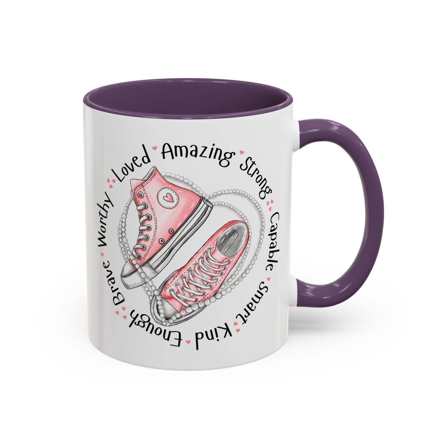 Inspirational Pink Sneakers Coffee Mug — "Loved • Amazing • Strong" Accent Mug 11 oz