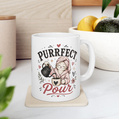 Ceramic Mug — "Purr-fect pour" Cute Cat Lover Coffee Mug (11oz, 15oz)