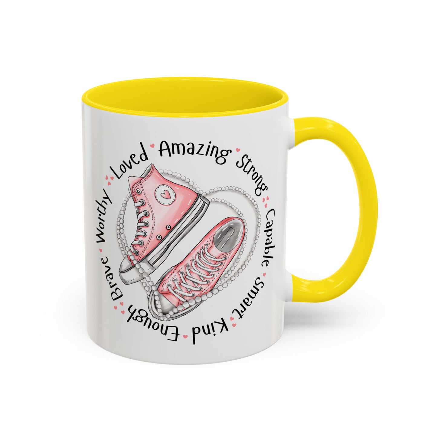 Inspirational Pink Sneakers Coffee Mug — "Loved • Amazing • Strong" Accent Mug 11 oz