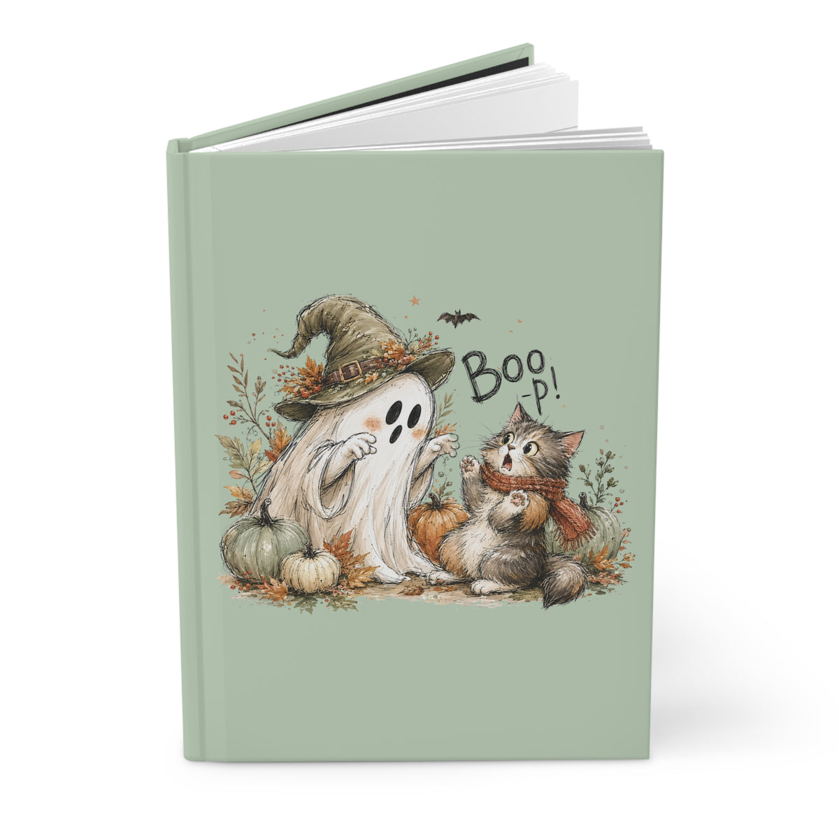Cute Halloween Ghost & Cat Hardcover Journal — 'Boop!' Lined Notebook