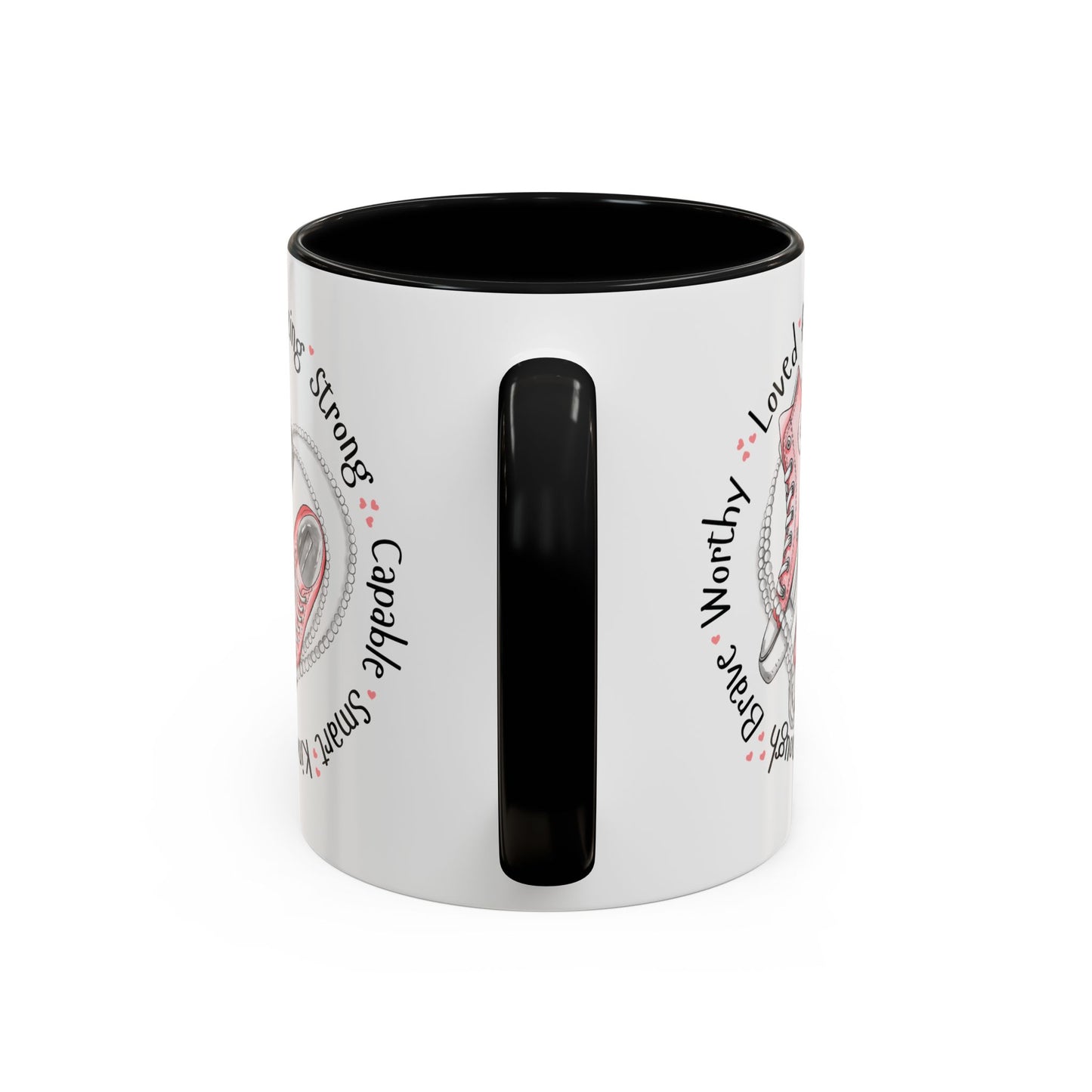 Inspirational Pink Sneakers Coffee Mug — "Loved • Amazing • Strong" Accent Mug 11 oz