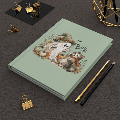 Cute Halloween Ghost & Cat Hardcover Journal — 'Boop!' Lined Notebook