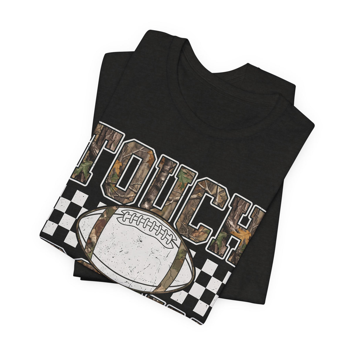 Touchdown Football Tee — Camo Lettering & Checkerboard Game Day Shirt