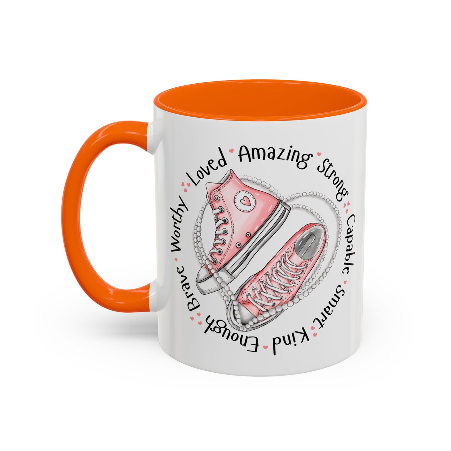 Inspirational Pink Sneakers Coffee Mug — "Loved • Amazing • Strong" Accent Mug 11 oz