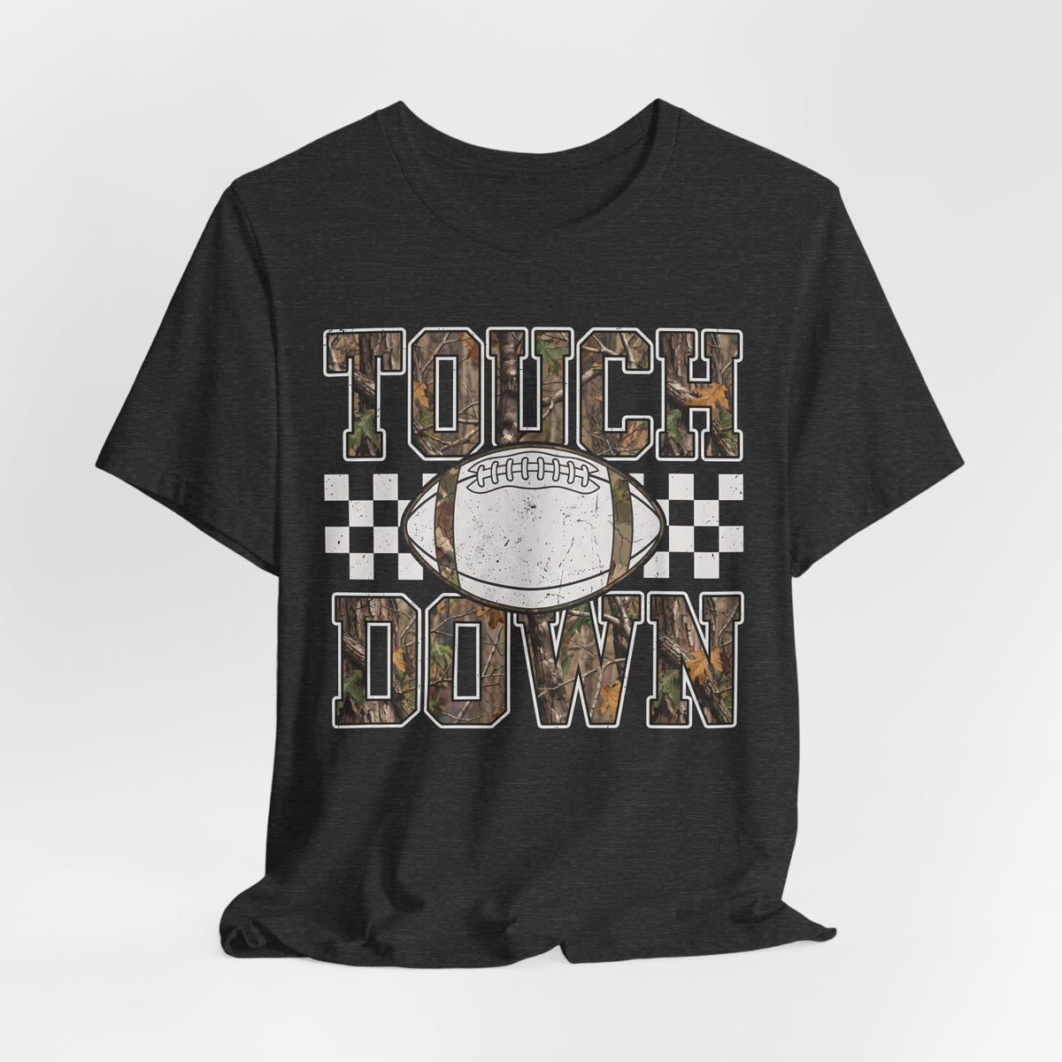 Touchdown Football Tee — Camo Lettering & Checkerboard Game Day Shirt