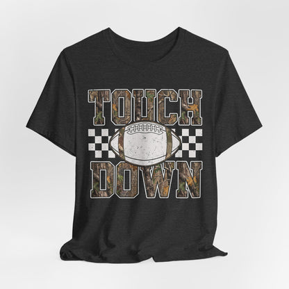 Touchdown Football Tee — Camo Lettering & Checkerboard Game Day Shirt