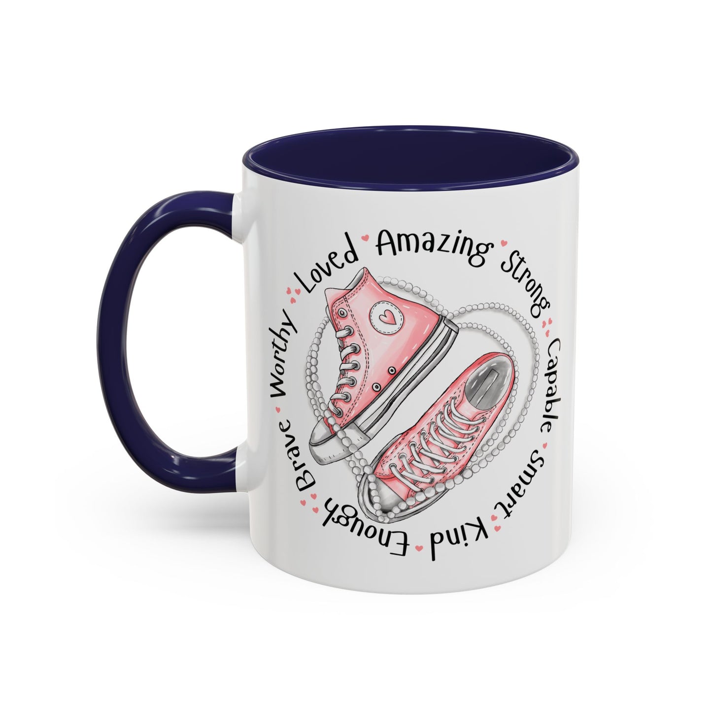 Inspirational Pink Sneakers Coffee Mug — "Loved • Amazing • Strong" Accent Mug 11 oz