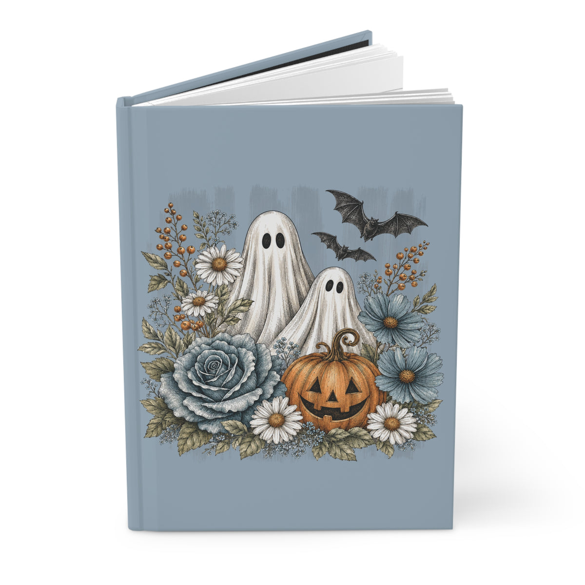 Halloween Ghosts & Floral Hardcover Journal — Lined Pumpkin, Bats & Daisies Notebook