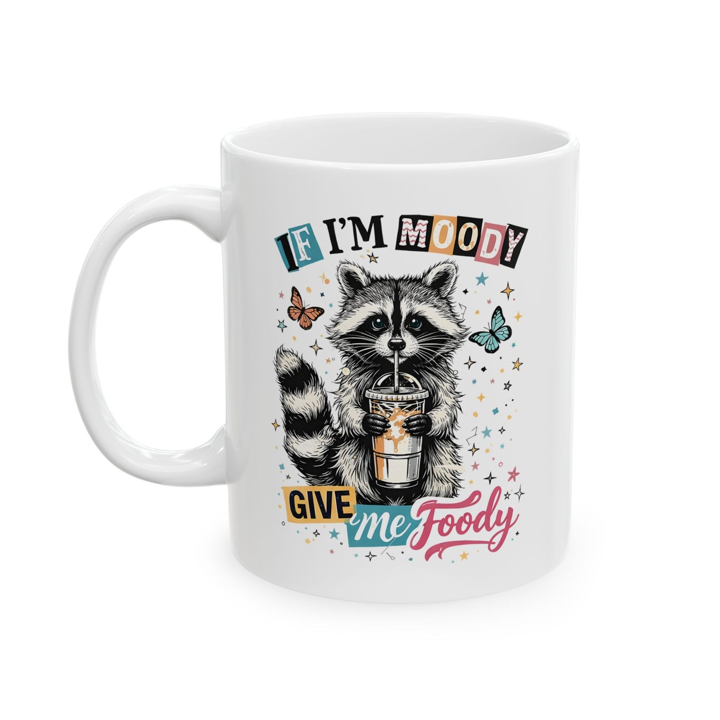 Raccoon & Butterfly Ceramic Mug – 'Be Kind, Give Love' Cute Nature Coffee Cup (11oz)