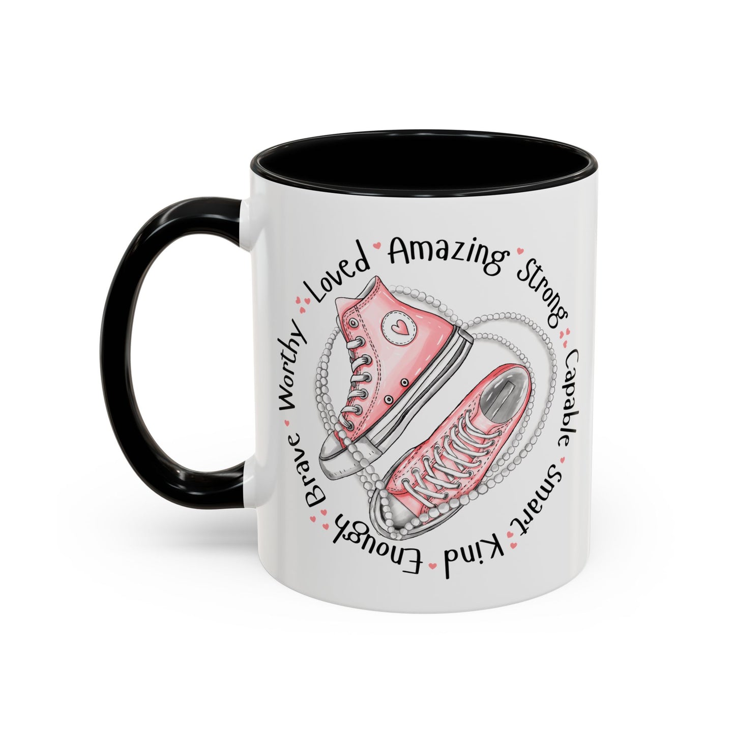 Inspirational Pink Sneakers Coffee Mug — "Loved • Amazing • Strong" Accent Mug 11 oz