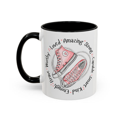 Inspirational Pink Sneakers Coffee Mug — "Loved • Amazing • Strong" Accent Mug 11 oz