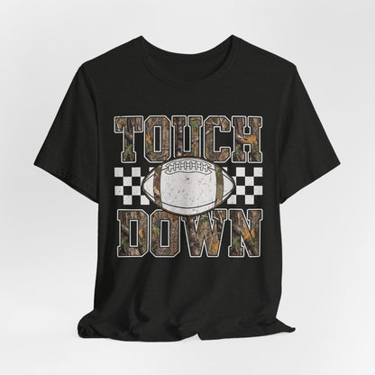 Touchdown Football Tee — Camo Lettering & Checkerboard Game Day Shirt