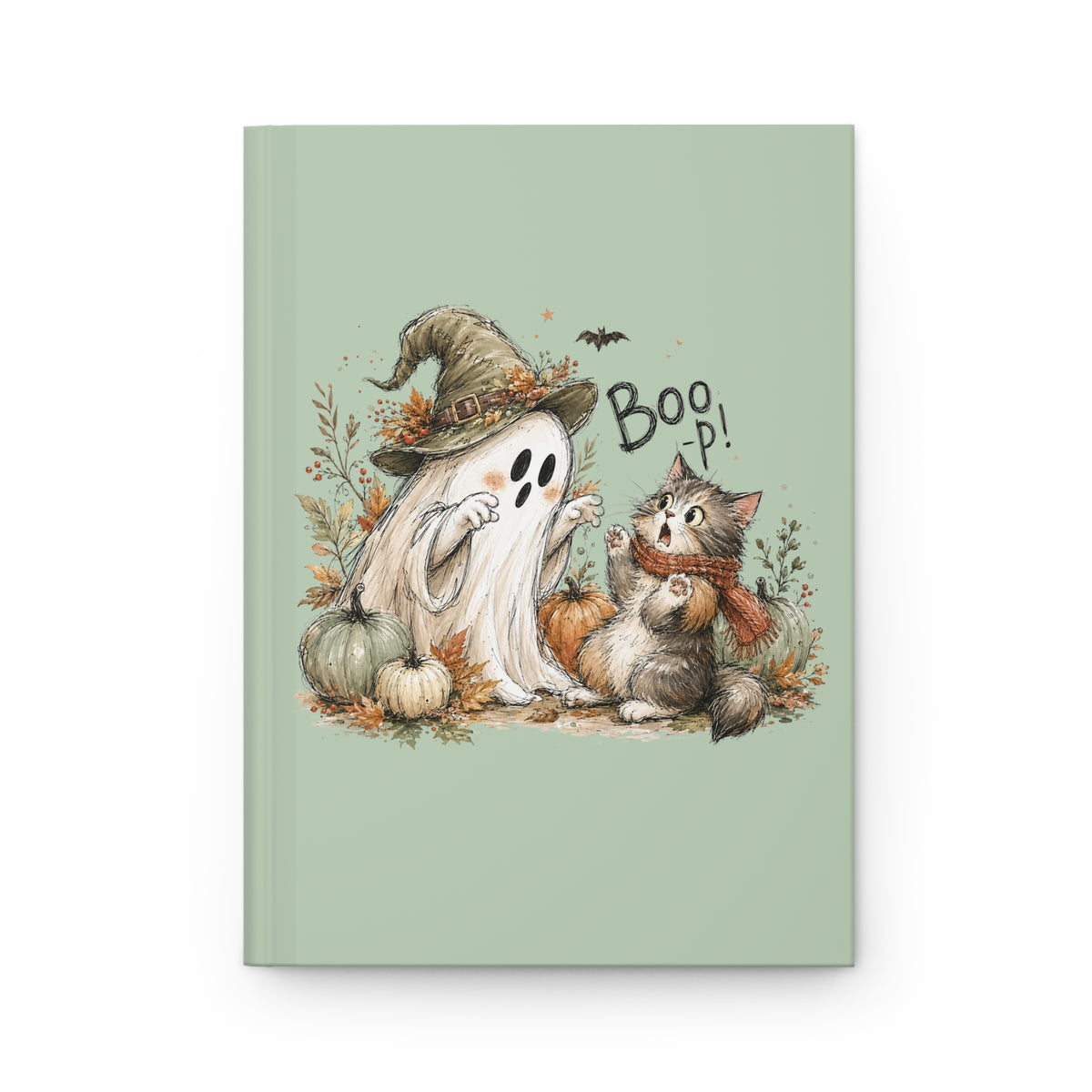 Cute Halloween Ghost & Cat Hardcover Journal — 'Boop!' Lined Notebook