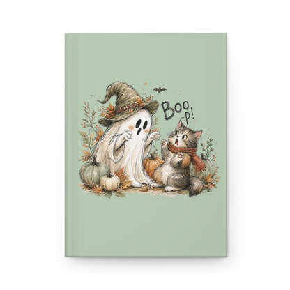 Cute Halloween Ghost & Cat Hardcover Journal — 'Boop!' Lined Notebook