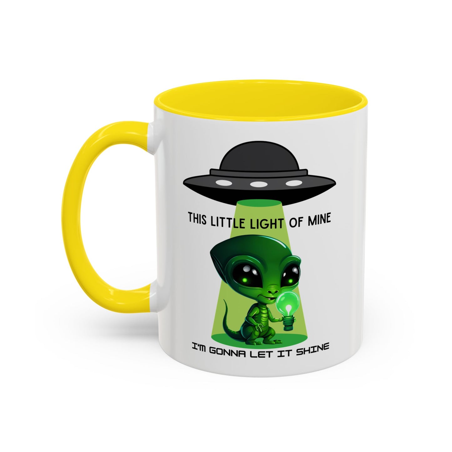 Alien UFO Coffee Mug — "This Little Light of Mine" Cute Green Alien Accent Mug (11/15oz)