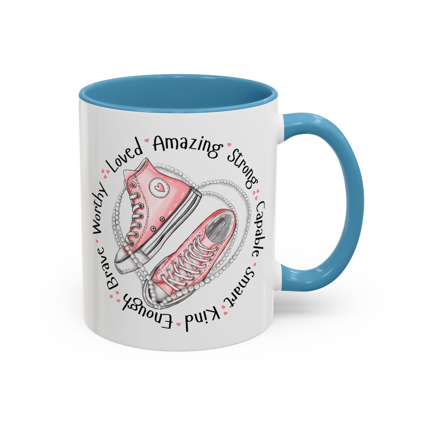 Inspirational Pink Sneakers Coffee Mug — "Loved • Amazing • Strong" Accent Mug 11 oz