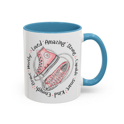 Inspirational Pink Sneakers Coffee Mug — "Loved • Amazing • Strong" Accent Mug 11 oz