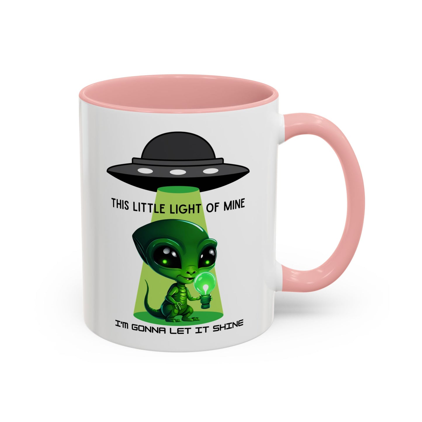 Alien UFO Coffee Mug — "This Little Light of Mine" Cute Green Alien Accent Mug (11/15oz)