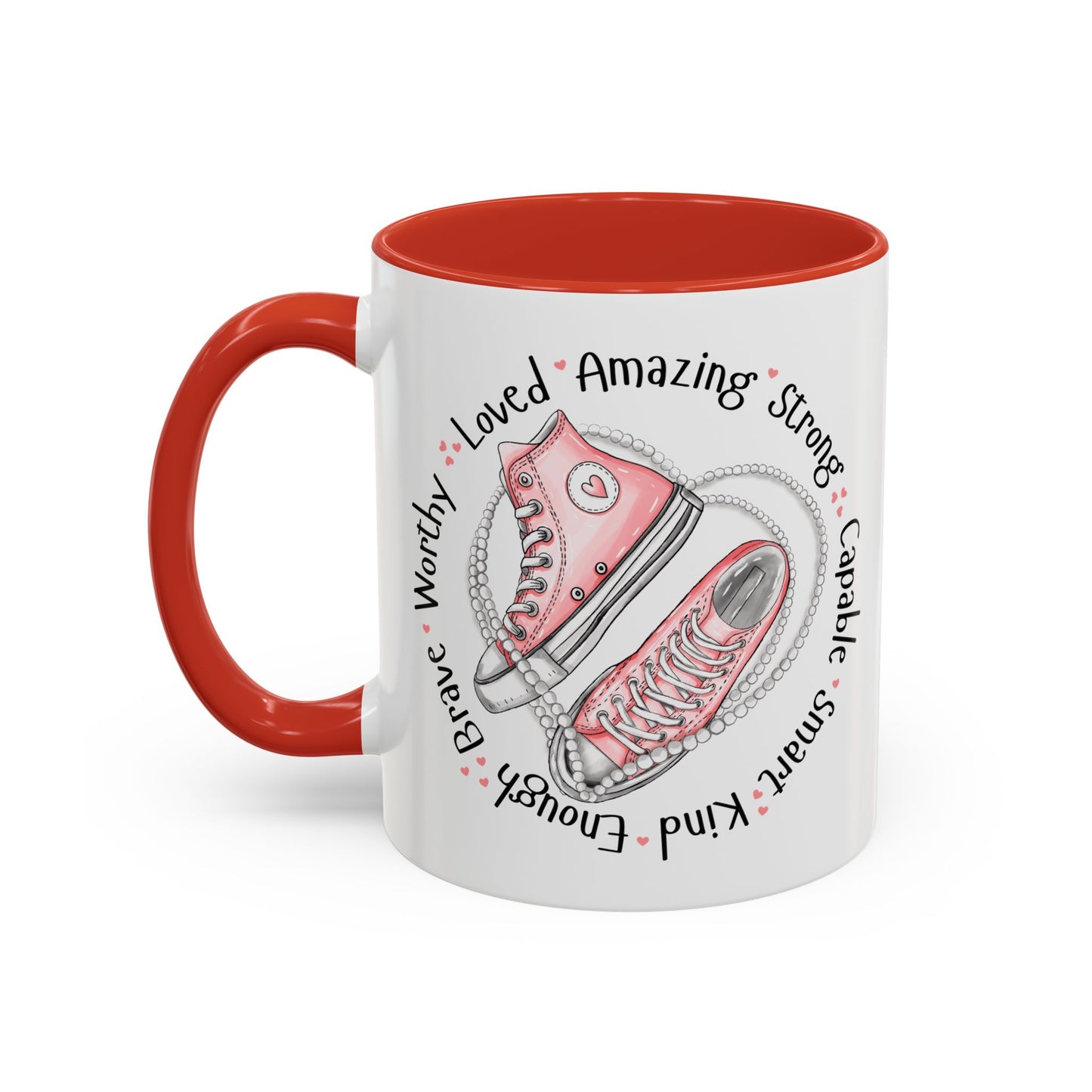 Inspirational Pink Sneakers Coffee Mug — "Loved • Amazing • Strong" Accent Mug 11 oz