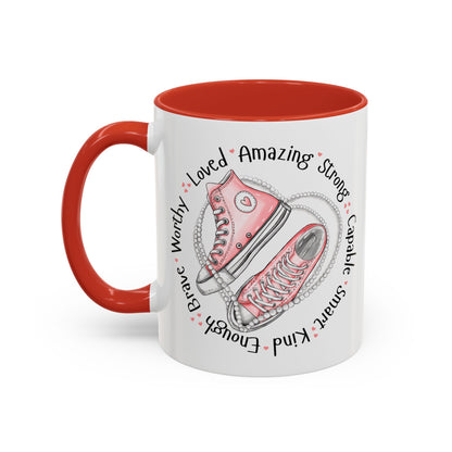 Inspirational Pink Sneakers Coffee Mug — "Loved • Amazing • Strong" Accent Mug 11 oz