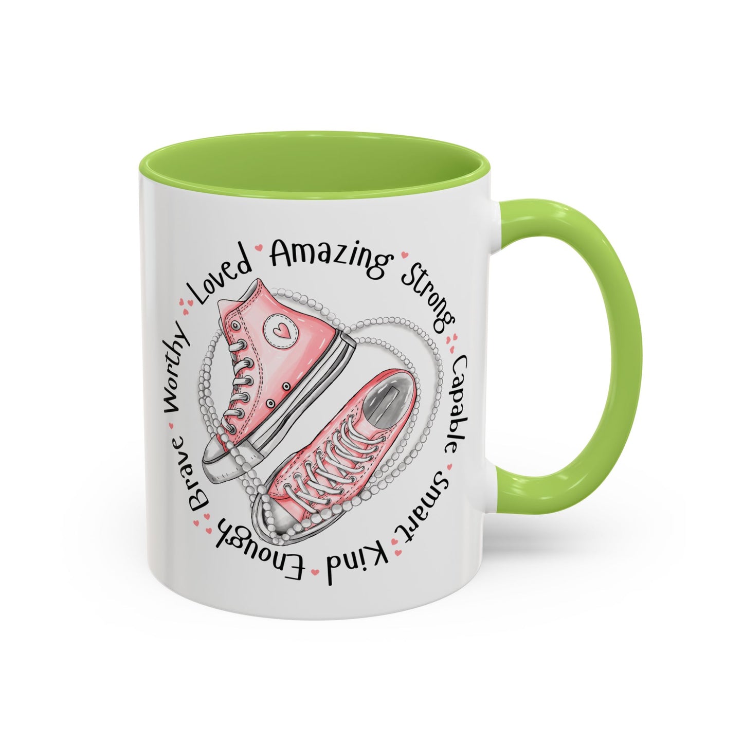 Inspirational Pink Sneakers Coffee Mug — "Loved • Amazing • Strong" Accent Mug 11 oz