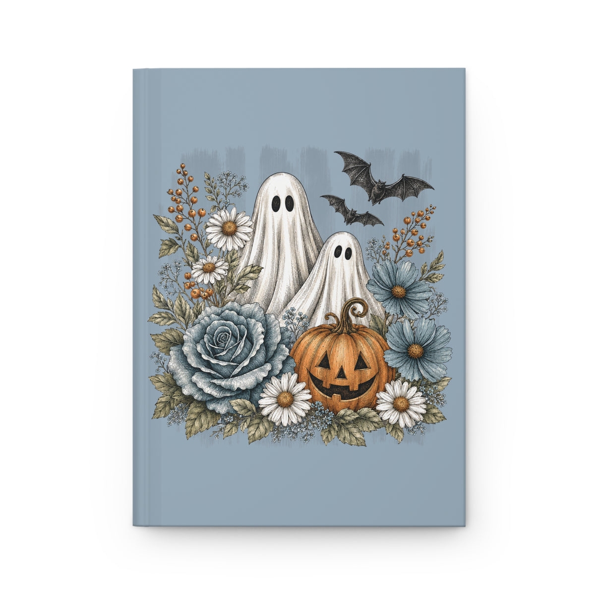 Halloween Ghosts & Floral Hardcover Journal — Lined Pumpkin, Bats & Daisies Notebook