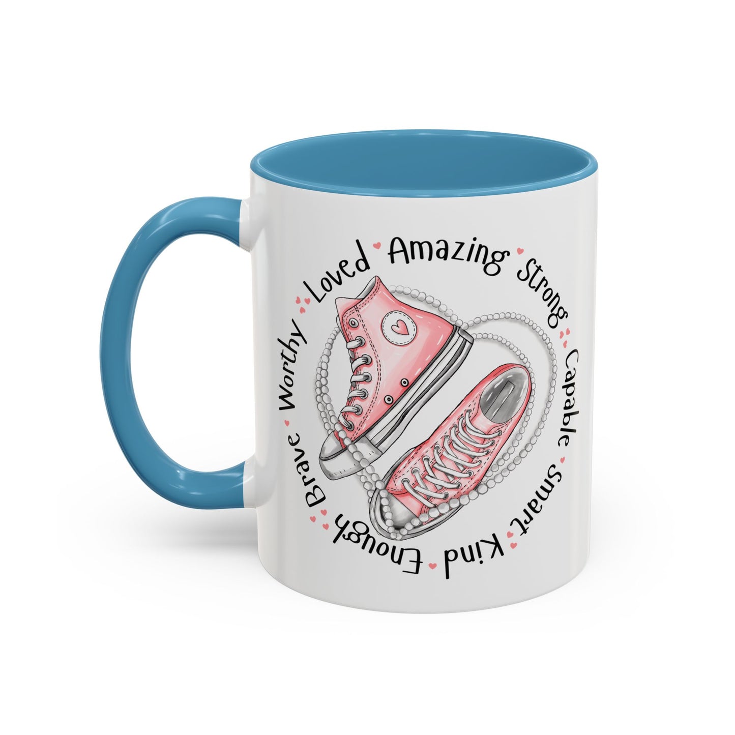 Inspirational Pink Sneakers Coffee Mug — "Loved • Amazing • Strong" Accent Mug 11 oz