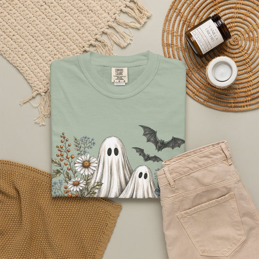 Vintage Floral Halloween T-Shirt — Ghosts, Pumpkin & Bat Tee