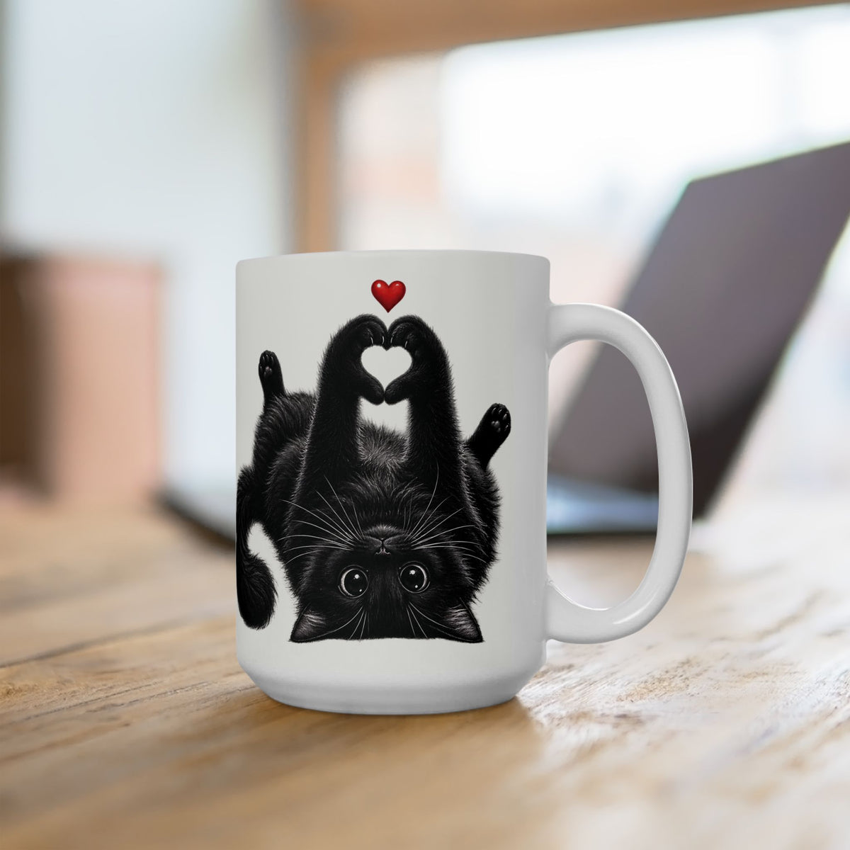 Black Cat Heart Pose Ceramic Mug – Cute Cat Lover Coffee Cup (15oz)