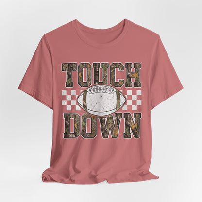 Touchdown Football Tee — Camo Lettering & Checkerboard Game Day Shirt
