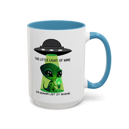 Alien UFO Coffee Mug — "This Little Light of Mine" Cute Green Alien Accent Mug (11/15oz)