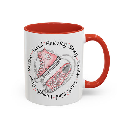 Inspirational Pink Sneakers Coffee Mug — "Loved • Amazing • Strong" Accent Mug 11 oz