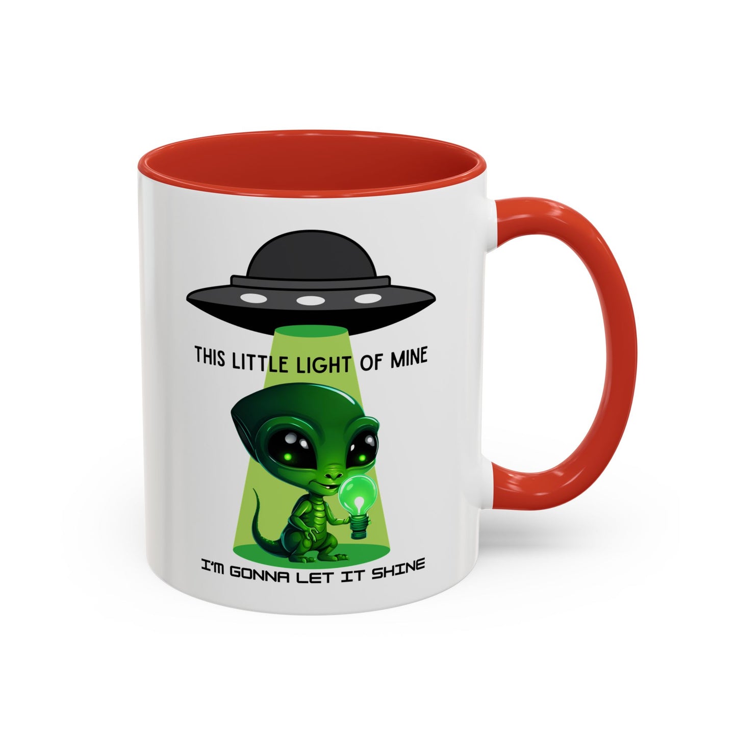 Alien UFO Coffee Mug — "This Little Light of Mine" Cute Green Alien Accent Mug (11/15oz)
