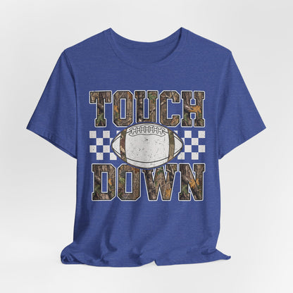 Touchdown Football Tee — Camo Lettering & Checkerboard Game Day Shirt