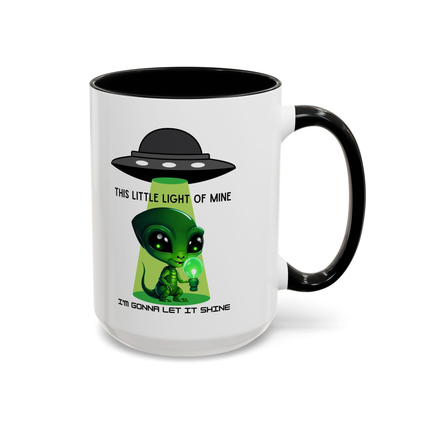 Alien UFO Coffee Mug — "This Little Light of Mine" Cute Green Alien Accent Mug (11/15oz)