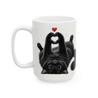 Black Cat Heart Pose Ceramic Mug – Cute Cat Lover Coffee Cup (15oz)