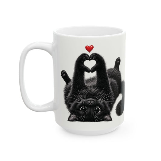 Black Cat Heart Pose Ceramic Mug – Cute Cat Lover Coffee Cup (15oz)