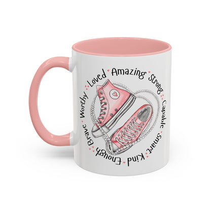 Inspirational Pink Sneakers Coffee Mug — "Loved • Amazing • Strong" Accent Mug 11 oz