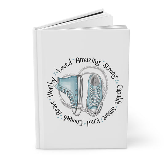 Baby blue Sneakers "Loved • Amazing • Strong" Hardcover Journal — Inspirational Notebook for Girls & Teens