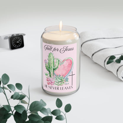 Soy Candle — "Fall for Jesus, He Never Leaves" Pink Succulent & Cactus Scented Candle (13.75 oz)